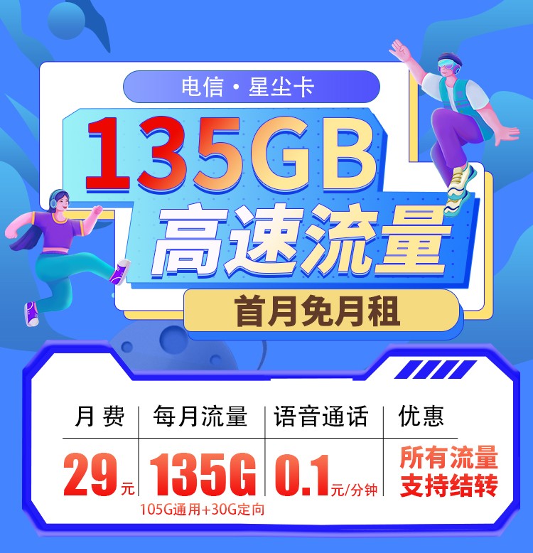 电信星尘卡29元135G全国流量+支持结转  第1张
