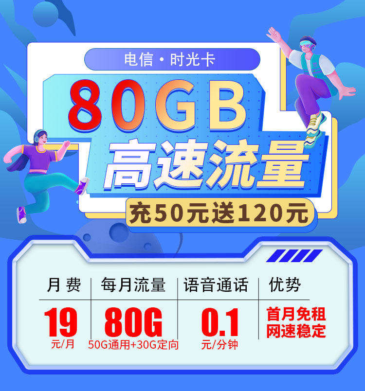电信时光卡19元80G全国流量首月免月租  第1张