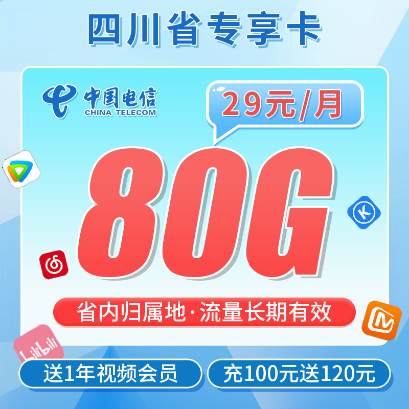 四川电信熊猫卡29元80G流量+一年视频会员