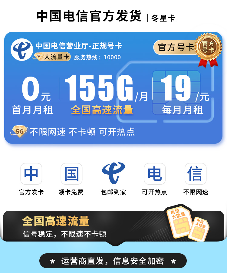 卡世界新品发布：电信冬星卡19元155G流量  第1张