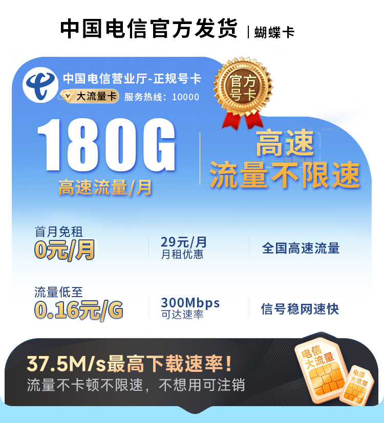 卡世界新品发布：电信蝴蝶卡29元180G流量  第1张