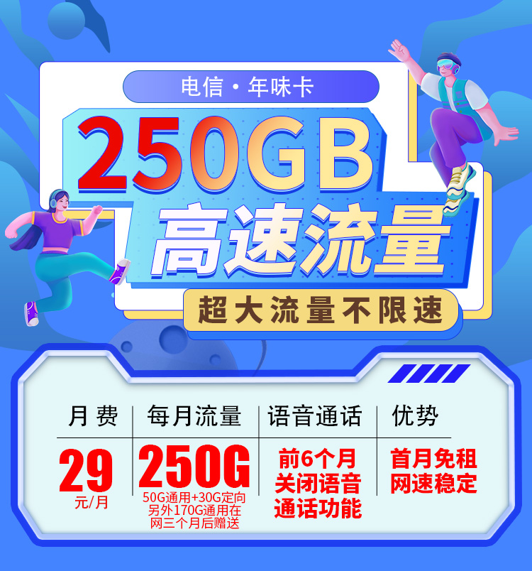 卡世界新品发布：电信年味卡29元250G全国流量首月免月租  第1张