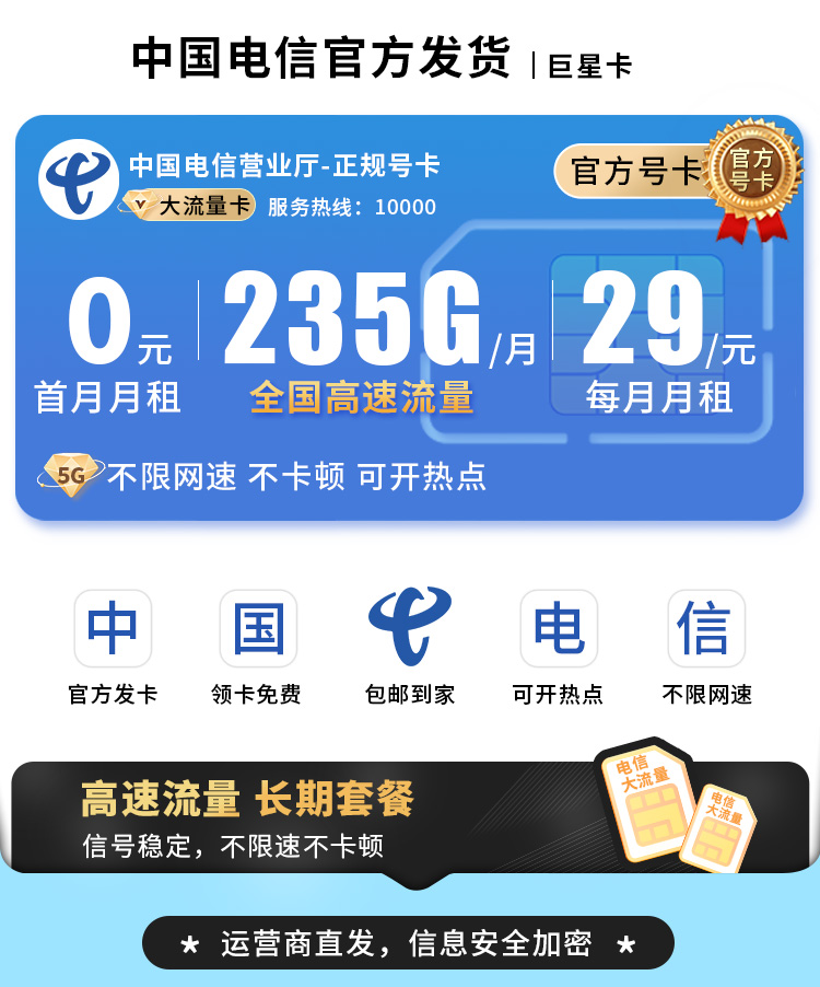 卡世界新品发布：电信巨星卡29元235G长期套餐  第1张