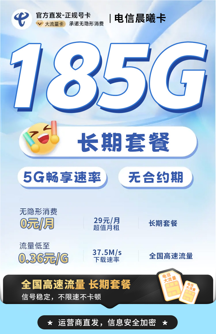 卡世界新品发布：电信晨曦卡29元185G+长期套餐  第1张