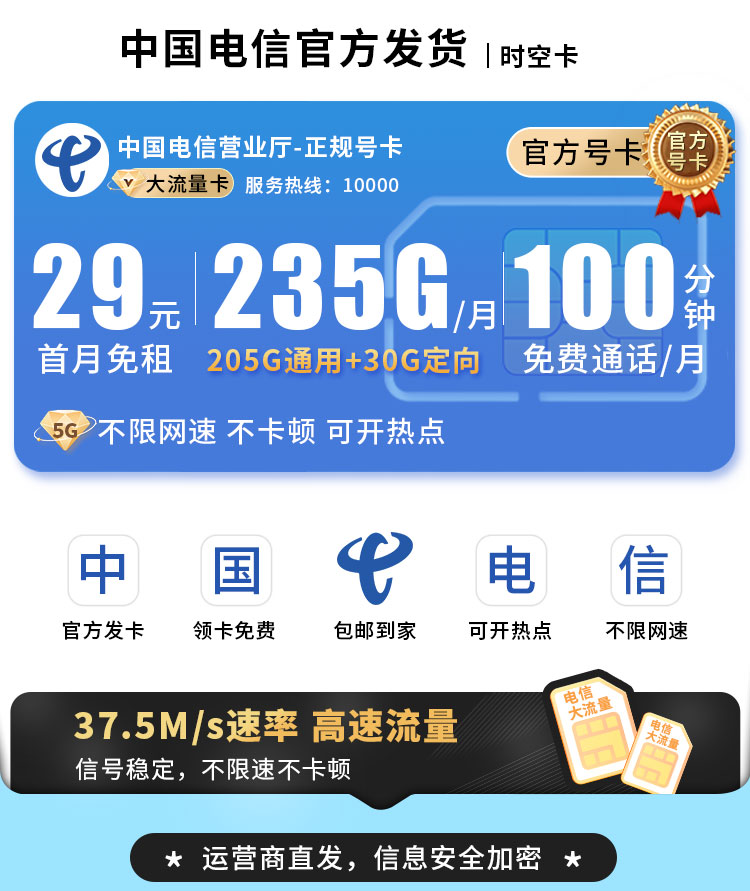 卡世界新品发布：电信时空卡29元235G+100分钟  第1张