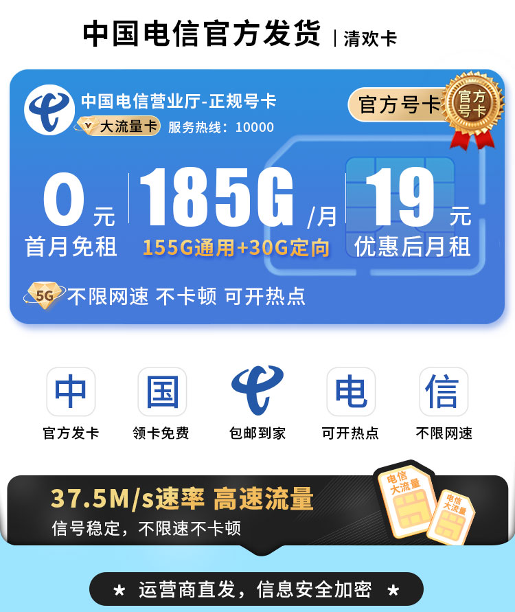 卡世界新品发布：电信清欢卡19元185G  第1张