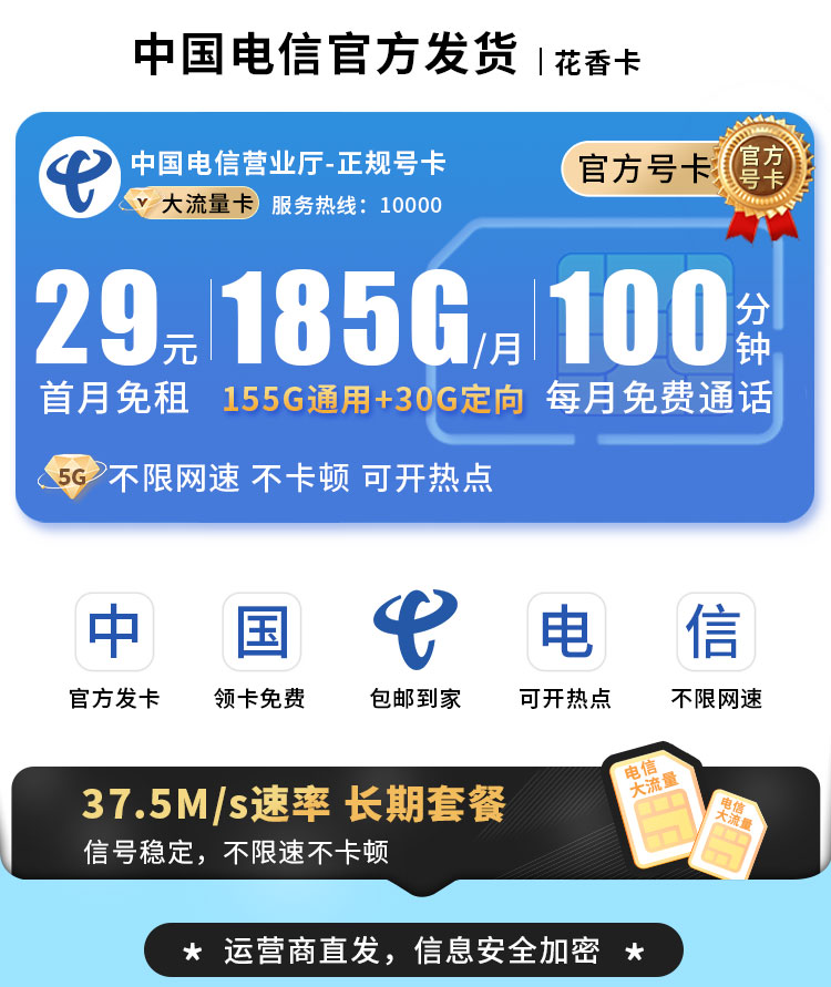 卡世界新品发布：电信花香卡29元185G+100分钟+长期套餐  第1张
