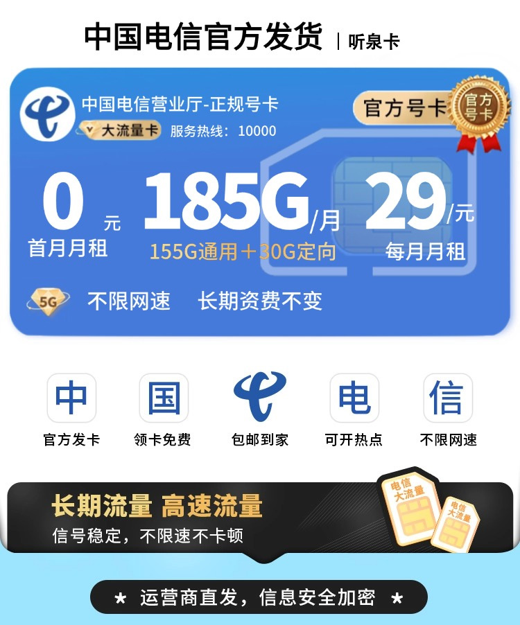 卡世界新品发布：电信听泉卡29元185G+长期套餐  第1张