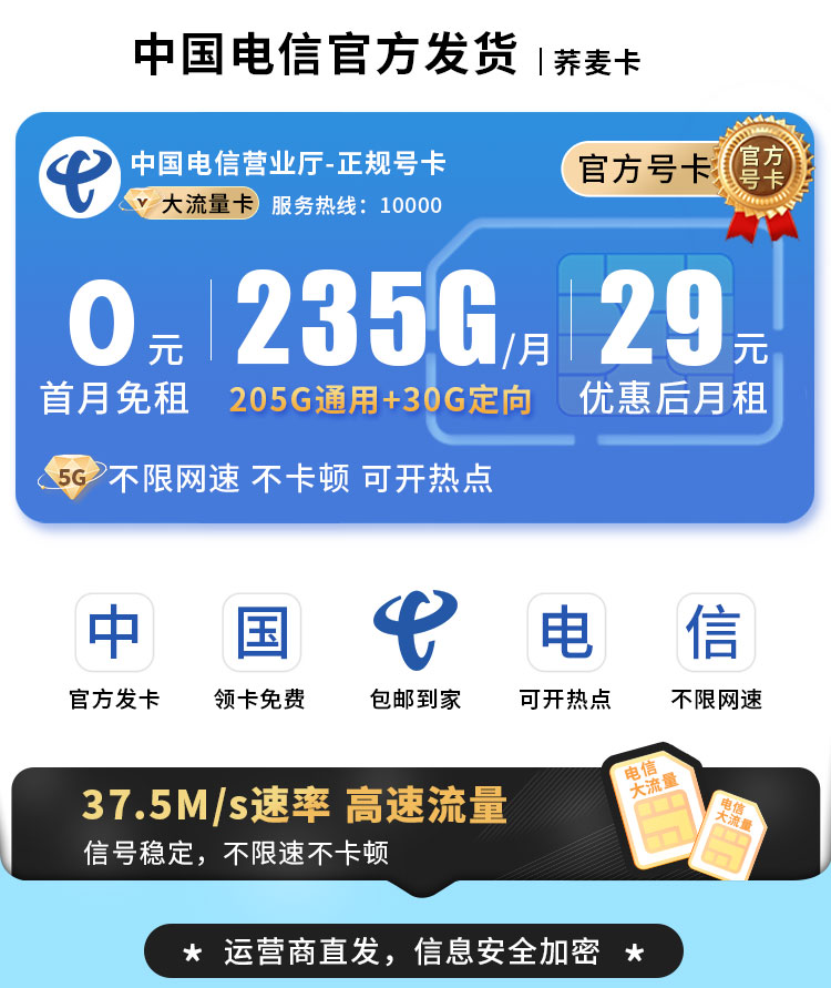卡世界新品发布：电信荞麦卡29元235G流量  第1张