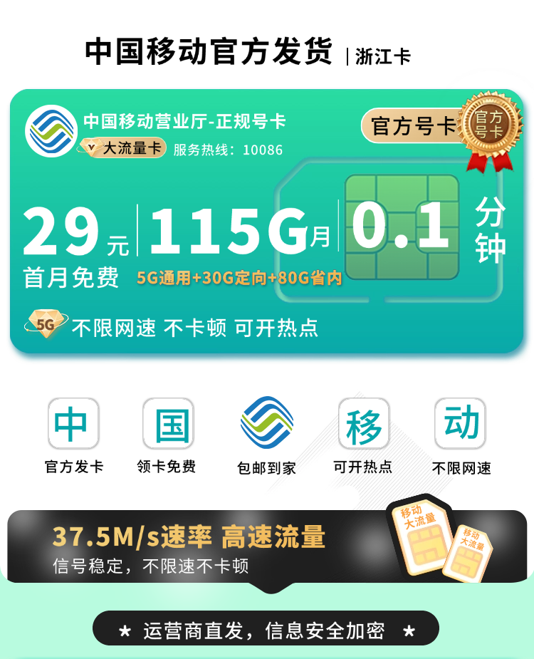 卡世界新品发布：移动浙江卡29元115G流量  第1张