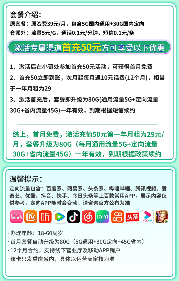 卡世界新品发布：移动重庆卡29元80G流量  第2张