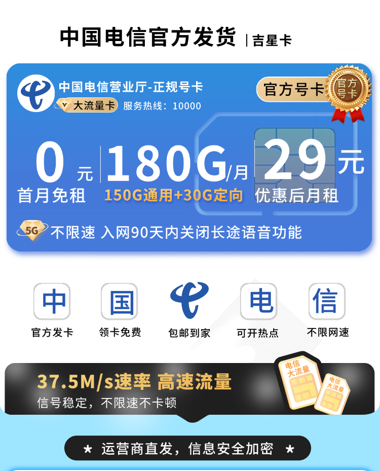 卡世界新品发布：电信吉星卡29元180G流量+长期套餐  第1张