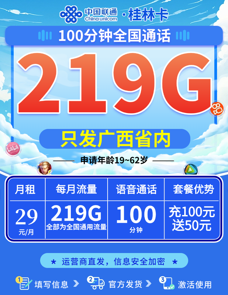 卡世界新品发布：联通桂林卡29元219G流量+100分钟  第1张