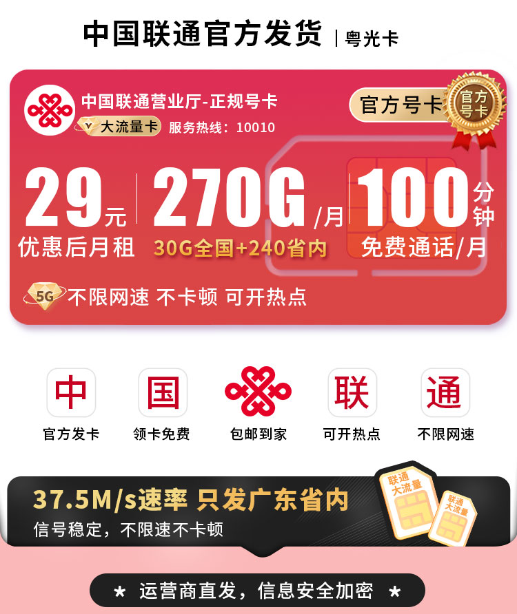 卡世界新品发布：联通粤光卡29元270G流量+100分钟  第1张
