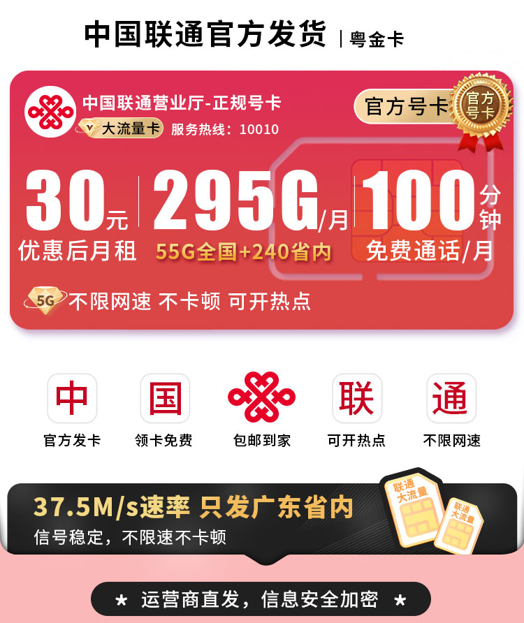 卡世界新品发布：联通粤金卡30元295G+100分钟  第1张