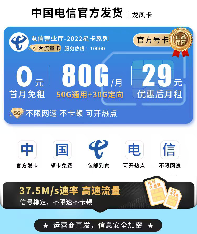 卡世界官方新品发布：电信龙凤卡29元80G流量+可选号  第1张