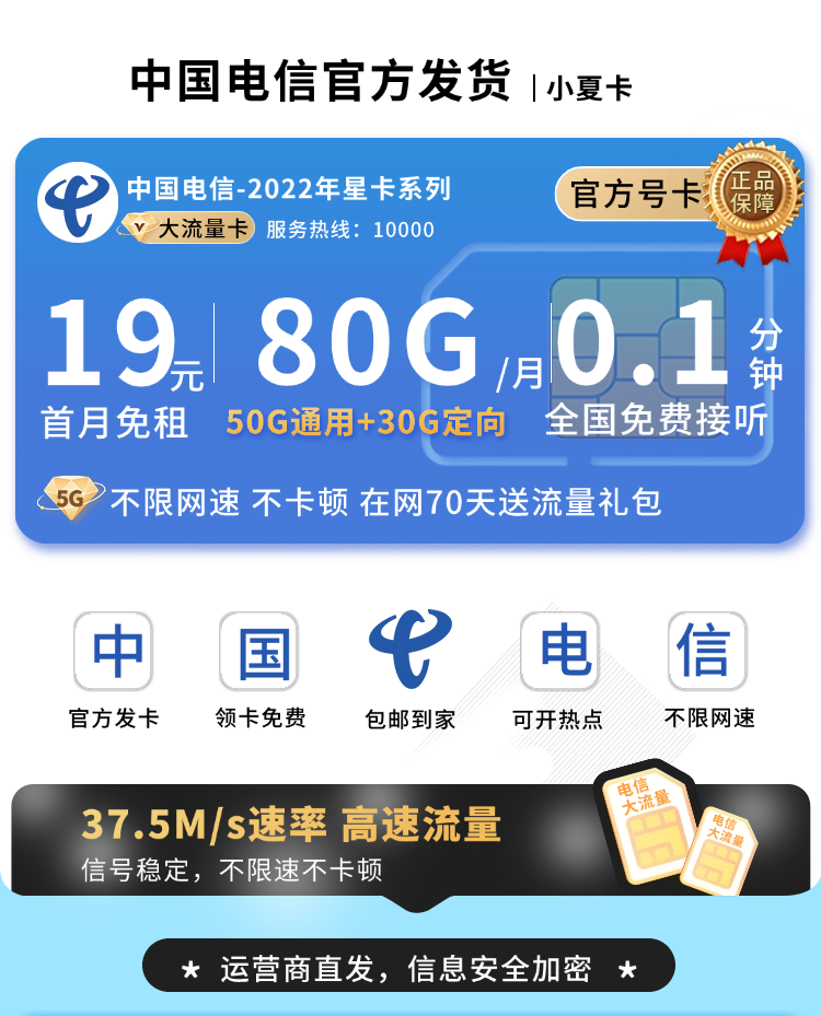 卡世界官方新品发布：电信小夏卡19元80G流量  第1张