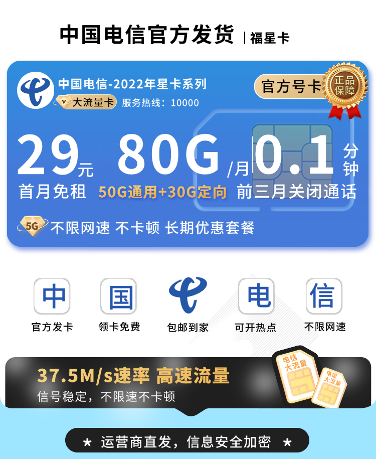卡世界官方新品发布：电信福星卡29元80G流量+长期套餐  第1张