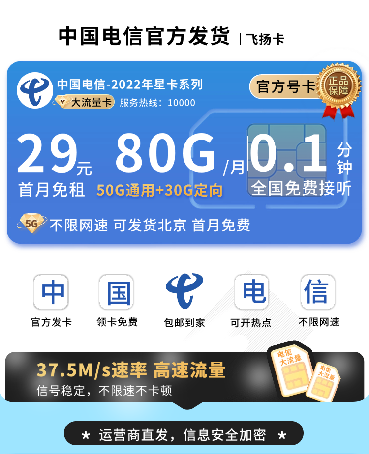 卡世界官方新品发布：电信飞扬卡29元80G流量+可发北京  第1张