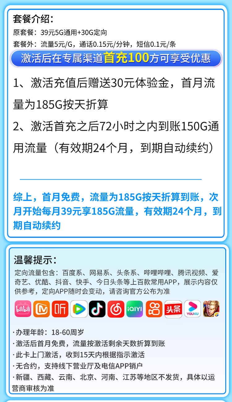 卡世界官方新品发布：电信岚星卡39元185G全国流量  第2张