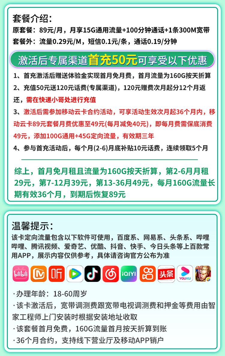 卡世界官方新品发布：移动浙江卡29元160G流量+100分钟+300M宽带+浙江专属  第2张
