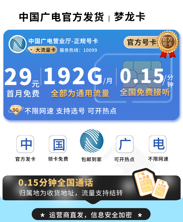 卡世界官方新品发布：广电梦龙卡29元192G通用流量+可选号+流量结转  第1张